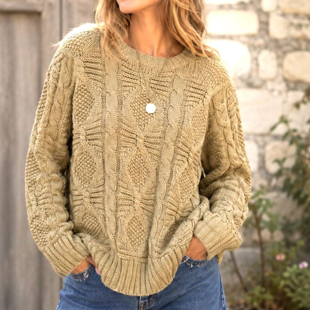 Cable Knit Sweater Beige Fisherman Coastal Grandmother Cottagecore Preppy M